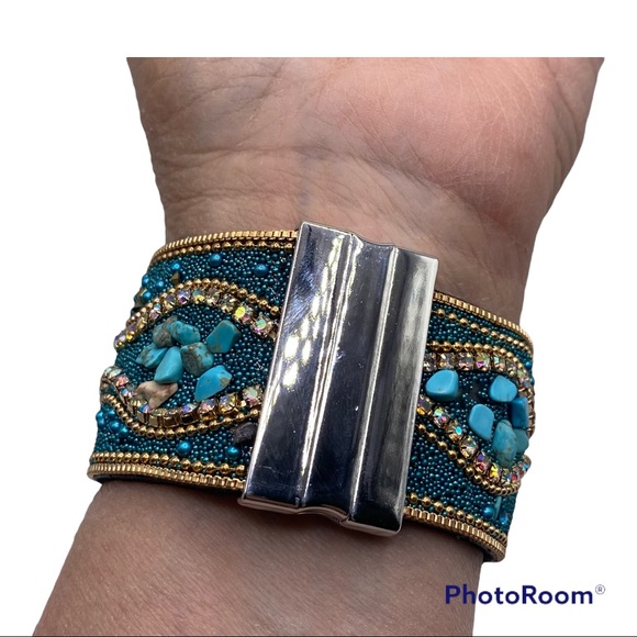 Turquoise & Gold Boho Cuff Bracelet w/ Multicolored Sparkling 18mm Ginger Snap! - Picture 8 of 16